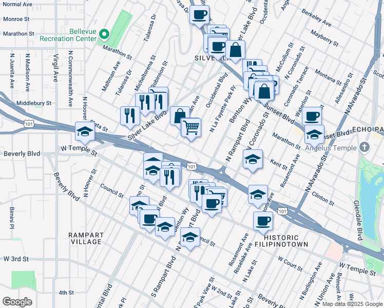 map of restaurants, bars, coffee shops, grocery stores, and more near 607 North La Fayette Park Place in Los Angeles