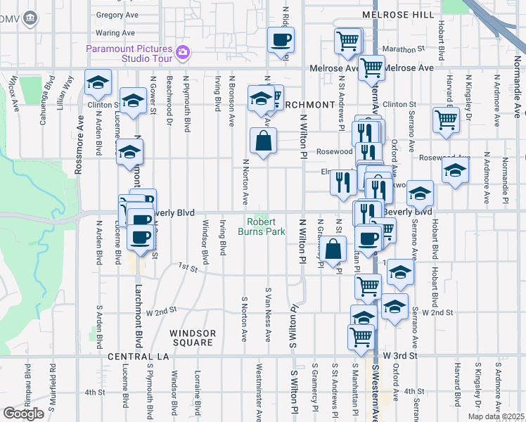 map of restaurants, bars, coffee shops, grocery stores, and more near 326 North Van Ness Avenue in Los Angeles