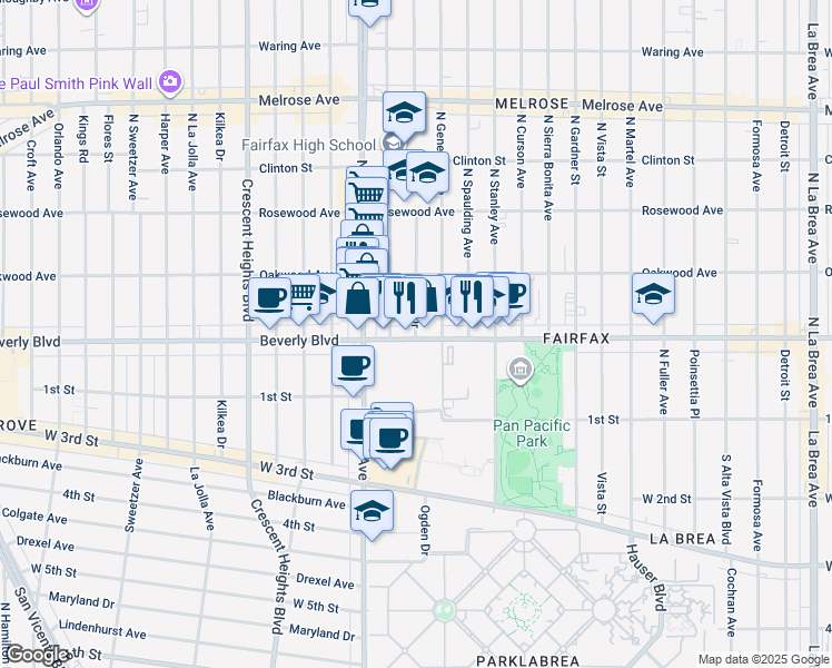 map of restaurants, bars, coffee shops, grocery stores, and more near 332 North Ogden Drive in Los Angeles