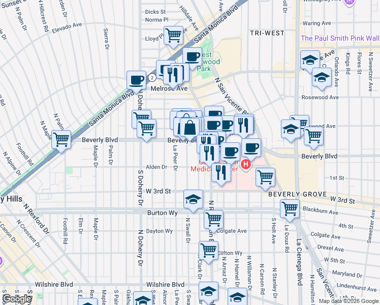 map of restaurants, bars, coffee shops, grocery stores, and more near 8900 Beverly Boulevard in West Hollywood