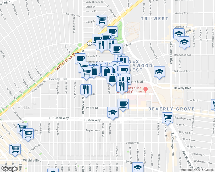 map of restaurants, bars, coffee shops, grocery stores, and more near 8900 Beverly Boulevard in West Hollywood