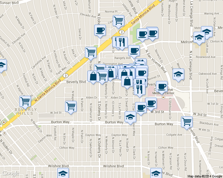 map of restaurants, bars, coffee shops, grocery stores, and more near 8950 Beverly Boulevard in West Hollywood