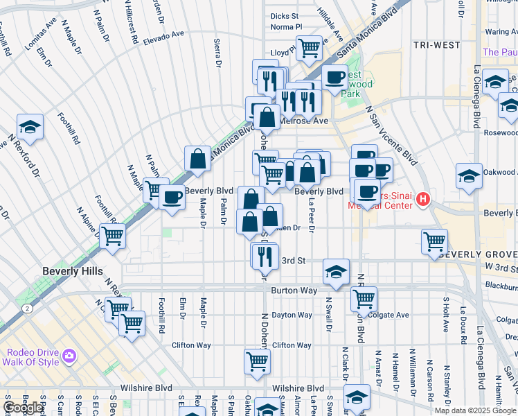 map of restaurants, bars, coffee shops, grocery stores, and more near 9134 Beverly Boulevard in Beverly Hills