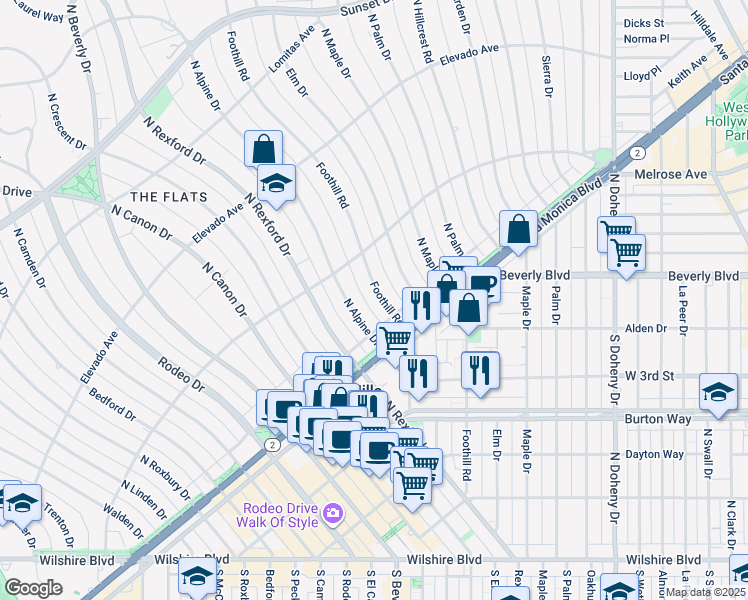 map of restaurants, bars, coffee shops, grocery stores, and more near 516 Foothill Road in Beverly Hills