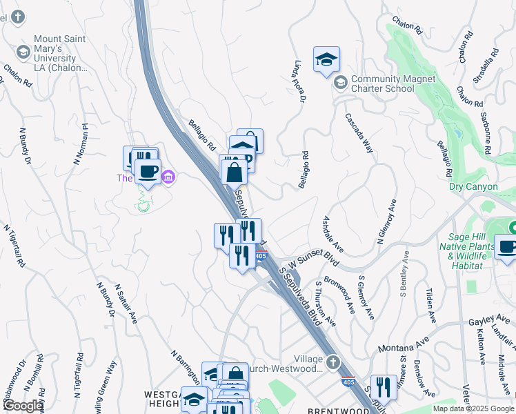 map of restaurants, bars, coffee shops, grocery stores, and more near 11647 Bellagio Road in Los Angeles