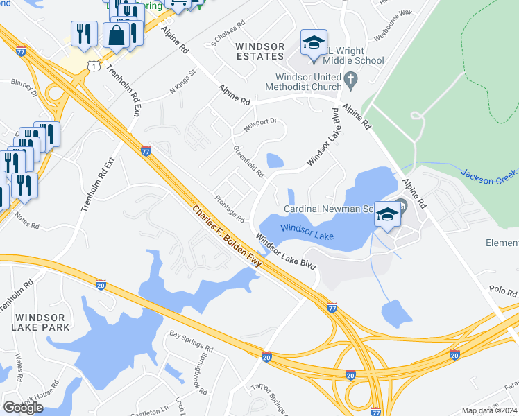 map of restaurants, bars, coffee shops, grocery stores, and more near 301 Windsor Brook Road in Columbia