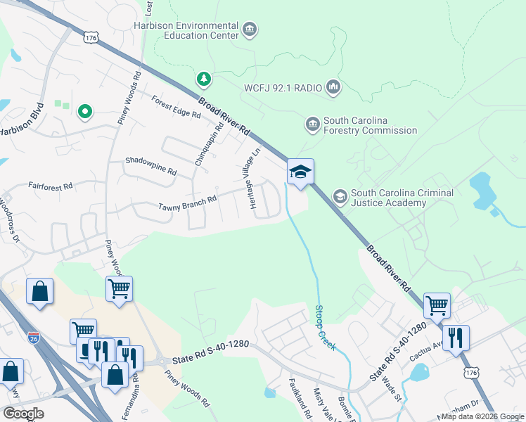 map of restaurants, bars, coffee shops, grocery stores, and more near 17 Hampton Oaks Place in Columbia