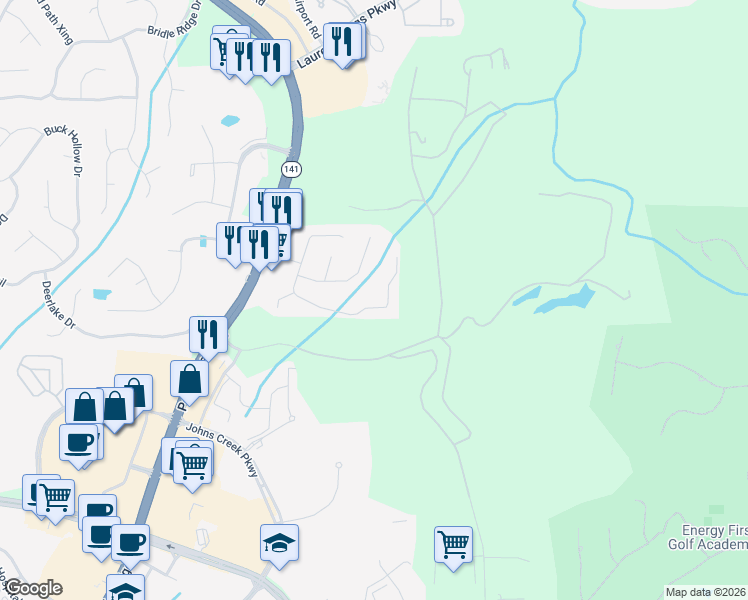 map of restaurants, bars, coffee shops, grocery stores, and more near 3845 Dalwood Drive in Suwanee