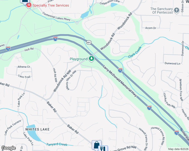 map of restaurants, bars, coffee shops, grocery stores, and more near 5094 Abbotts Glen Way Northwest in Acworth