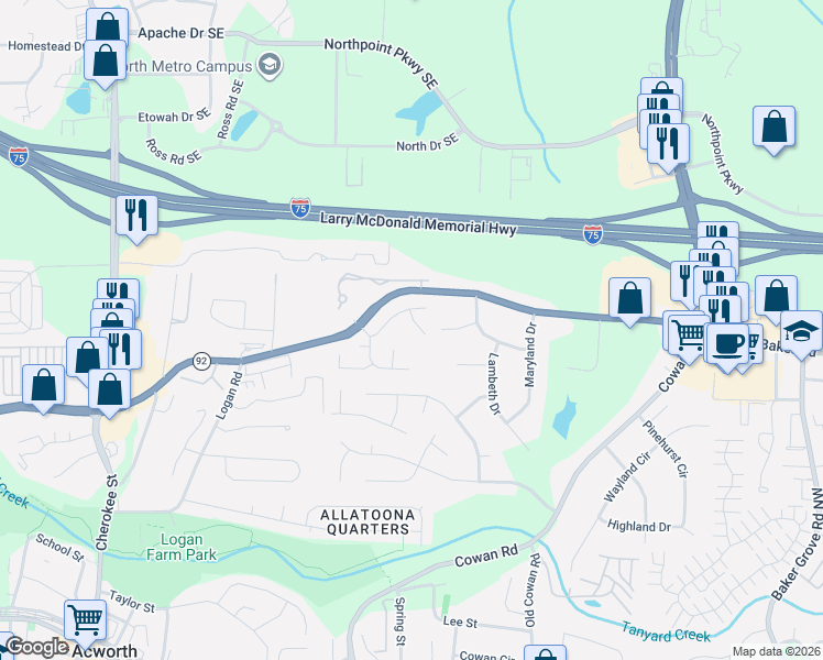 map of restaurants, bars, coffee shops, grocery stores, and more near 4989 Stone Hollow Northwest in Acworth