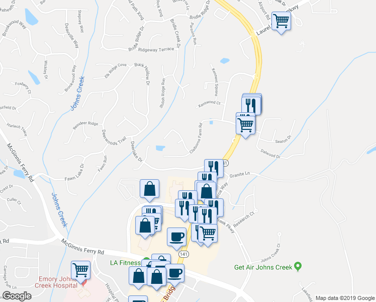 map of restaurants, bars, coffee shops, grocery stores, and more near 4015 Millbrook Court in Suwanee