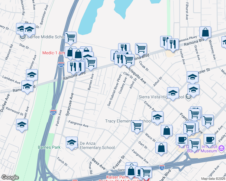 map of restaurants, bars, coffee shops, grocery stores, and more near 3517 San Gabriel River Parkway in Baldwin Park