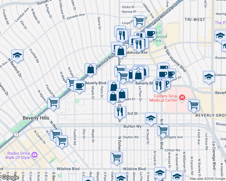 map of restaurants, bars, coffee shops, grocery stores, and more near in Beverly Hills
