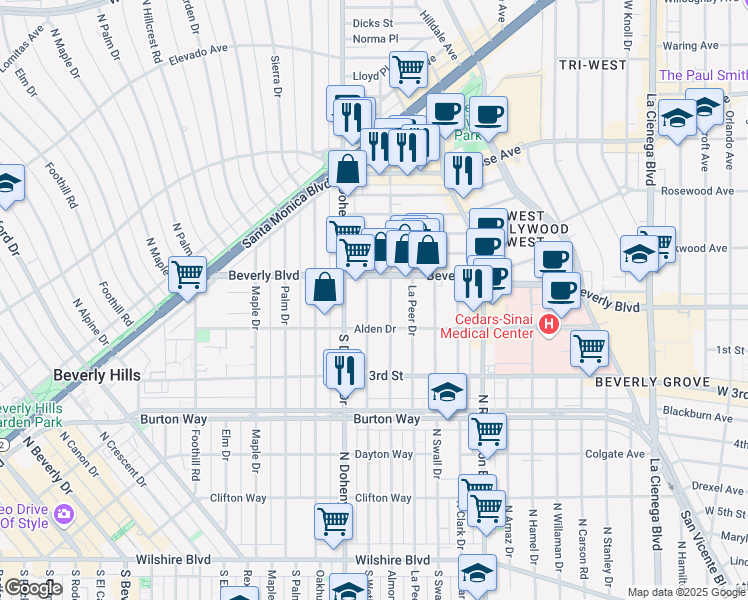 map of restaurants, bars, coffee shops, grocery stores, and more near 130 North Wetherly Drive in Los Angeles