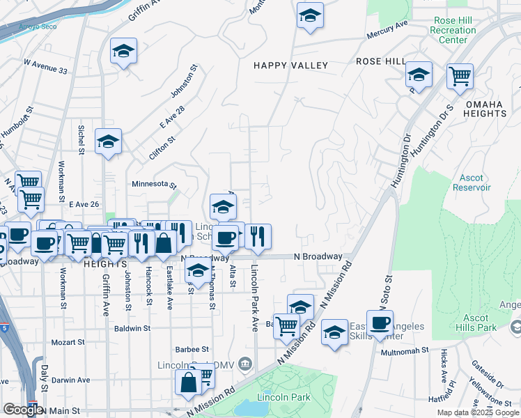map of restaurants, bars, coffee shops, grocery stores, and more near 2520 Lincoln Park Avenue in Los Angeles