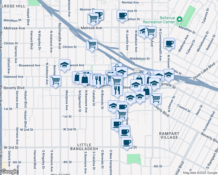 map of restaurants, bars, coffee shops, grocery stores, and more near Beverly Blvd & N New Hampshire Ave in Los Angeles