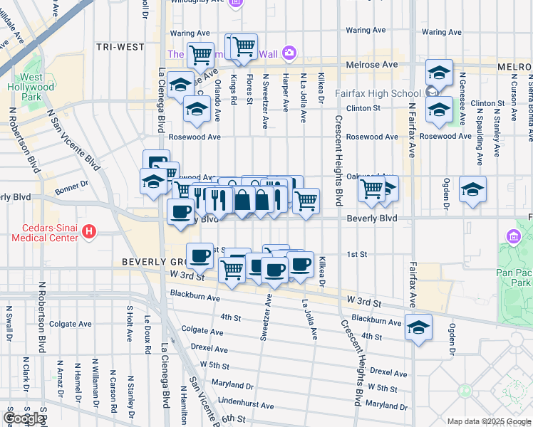 map of restaurants, bars, coffee shops, grocery stores, and more near 328 North Flores Street in Los Angeles