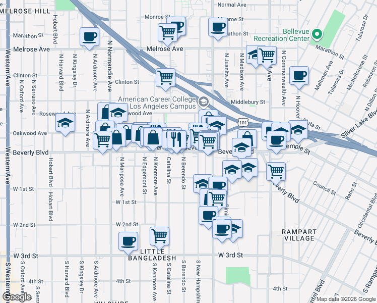 map of restaurants, bars, coffee shops, grocery stores, and more near in Los Angeles
