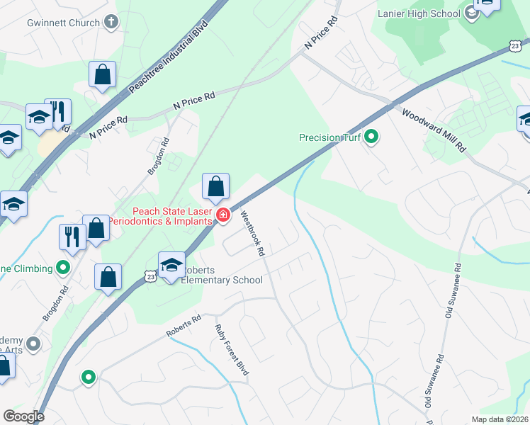 map of restaurants, bars, coffee shops, grocery stores, and more near 455 Buford Highway Northeast in Suwanee