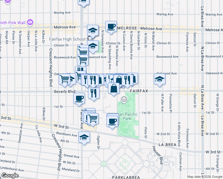 map of restaurants, bars, coffee shops, grocery stores, and more near 331 North Spaulding Avenue in Los Angeles