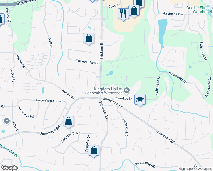 map of restaurants, bars, coffee shops, grocery stores, and more near 214 Wild Ginger Bend in Woodstock