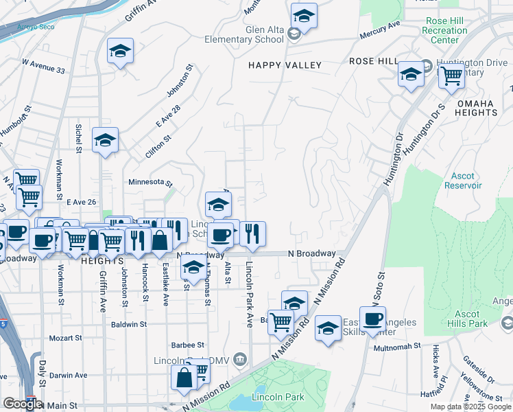 map of restaurants, bars, coffee shops, grocery stores, and more near 2520 Lincoln Park Avenue in Los Angeles