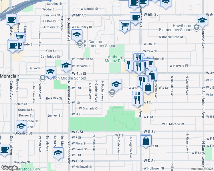 map of restaurants, bars, coffee shops, grocery stores, and more near 1027 North Elderberry Avenue in Ontario