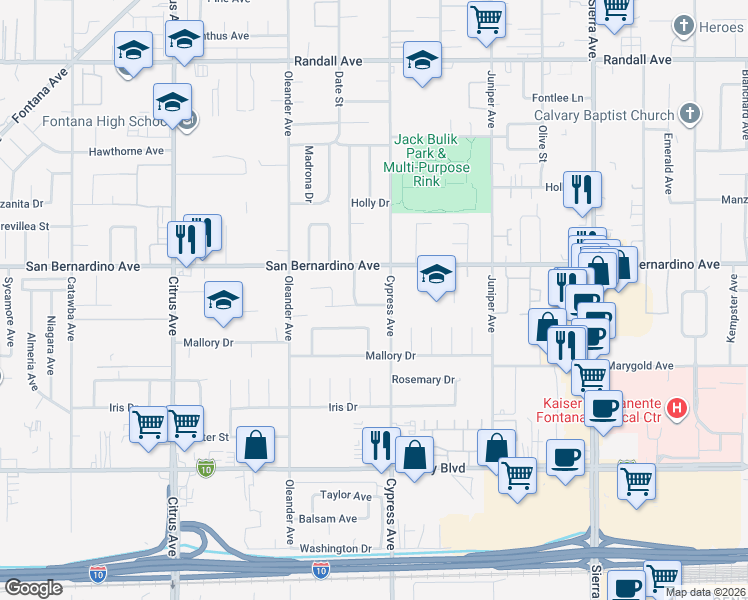 map of restaurants, bars, coffee shops, grocery stores, and more near 16464 Tullock Street in Fontana