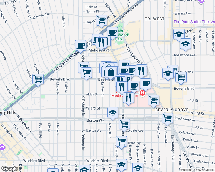 map of restaurants, bars, coffee shops, grocery stores, and more near 135 North Swall Drive in West Hollywood