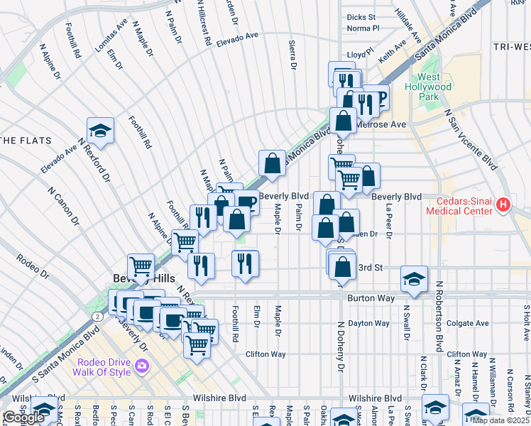 map of restaurants, bars, coffee shops, grocery stores, and more near 407 North Maple Drive in Beverly Hills
