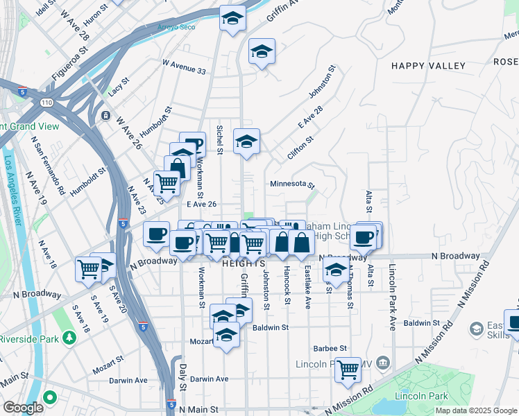 map of restaurants, bars, coffee shops, grocery stores, and more near 2549 Johnston Street in Los Angeles