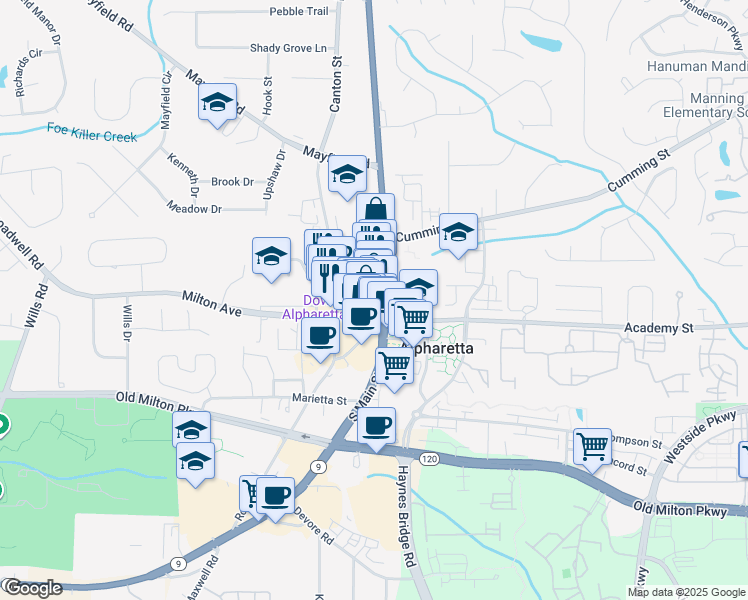 map of restaurants, bars, coffee shops, grocery stores, and more near 35 Old Canton Street in Alpharetta