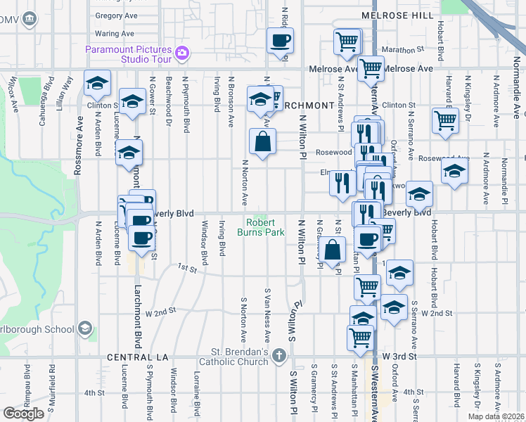 map of restaurants, bars, coffee shops, grocery stores, and more near 326 North Van Ness Avenue in Los Angeles