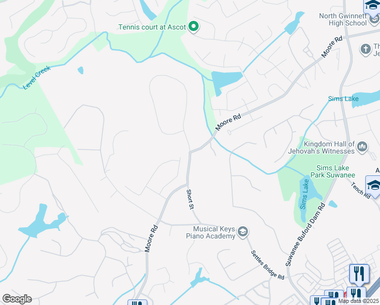 map of restaurants, bars, coffee shops, grocery stores, and more near 3972 Meadowbrook Circle in Suwanee