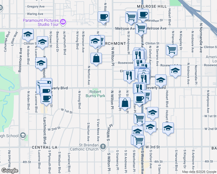 map of restaurants, bars, coffee shops, grocery stores, and more near 325 North Wilton Place in Los Angeles