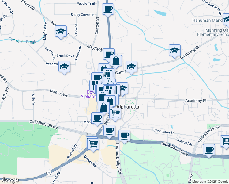 map of restaurants, bars, coffee shops, grocery stores, and more near 59 North Main Street in Alpharetta