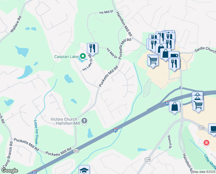 map of restaurants, bars, coffee shops, grocery stores, and more near 2840 General Lee Way Northeast in Buford