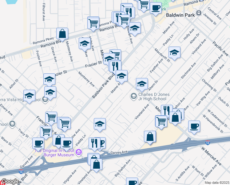 map of restaurants, bars, coffee shops, grocery stores, and more near 3516 Maine Avenue in Baldwin Park
