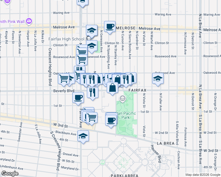 map of restaurants, bars, coffee shops, grocery stores, and more near 331 North Spaulding Avenue in Los Angeles