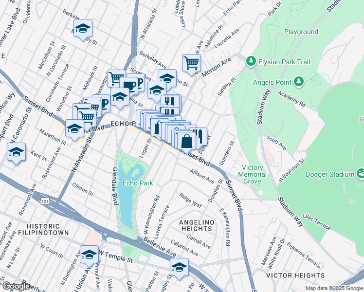 map of restaurants, bars, coffee shops, grocery stores, and more near 1349 Laveta Terrace in Los Angeles