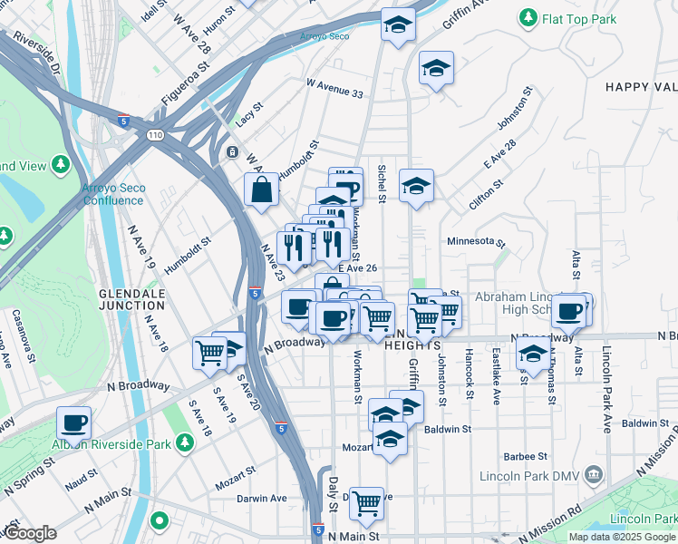 map of restaurants, bars, coffee shops, grocery stores, and more near 110 East Avenue 26 in Los Angeles