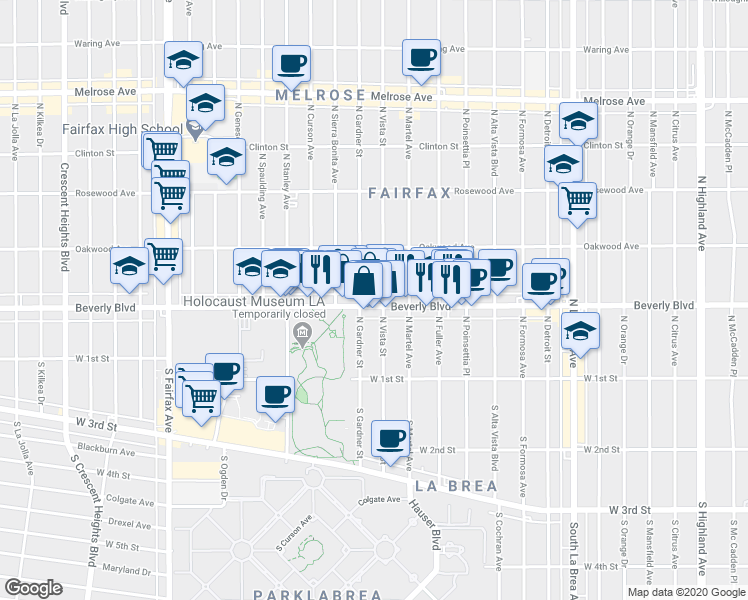 map of restaurants, bars, coffee shops, grocery stores, and more near 328 1/2 North Gardner Street in Los Angeles