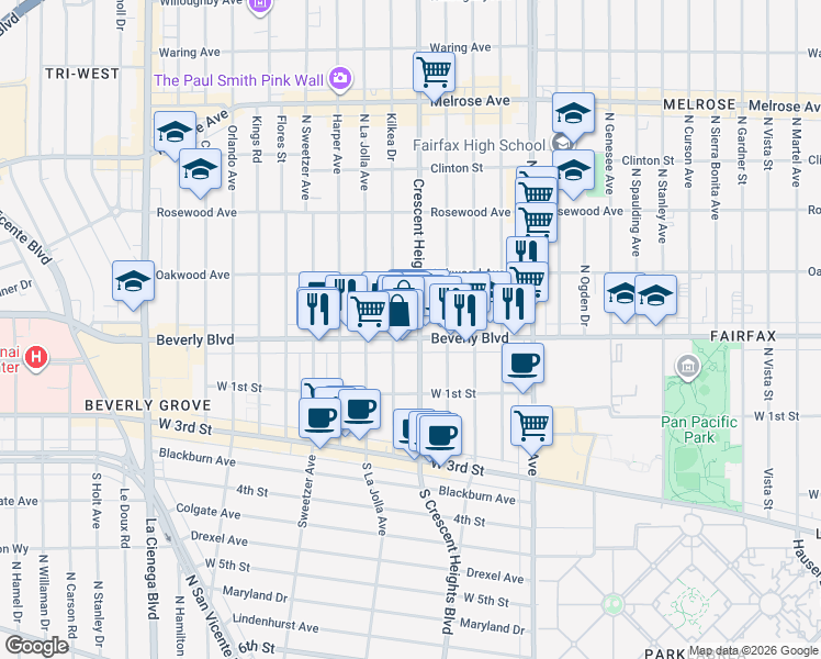 map of restaurants, bars, coffee shops, grocery stores, and more near 330 North Kilkea Drive in Los Angeles