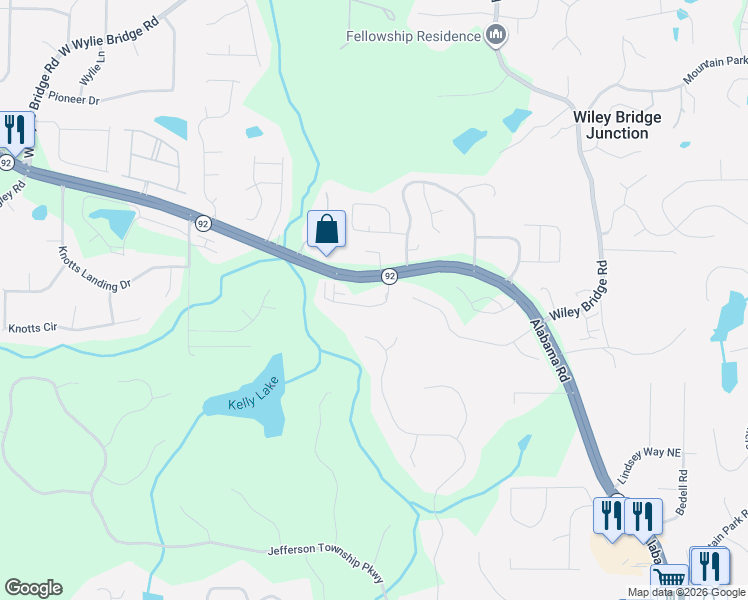 map of restaurants, bars, coffee shops, grocery stores, and more near 14896 Highway 92 in Woodstock