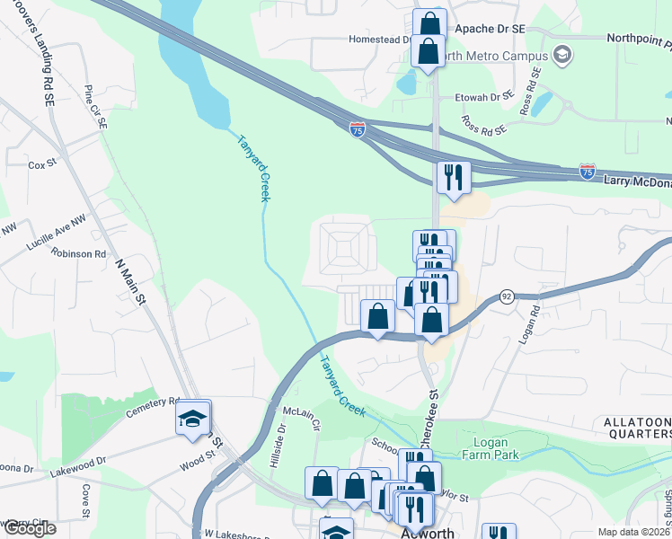 map of restaurants, bars, coffee shops, grocery stores, and more near 4667 Liberty Square Drive in Acworth