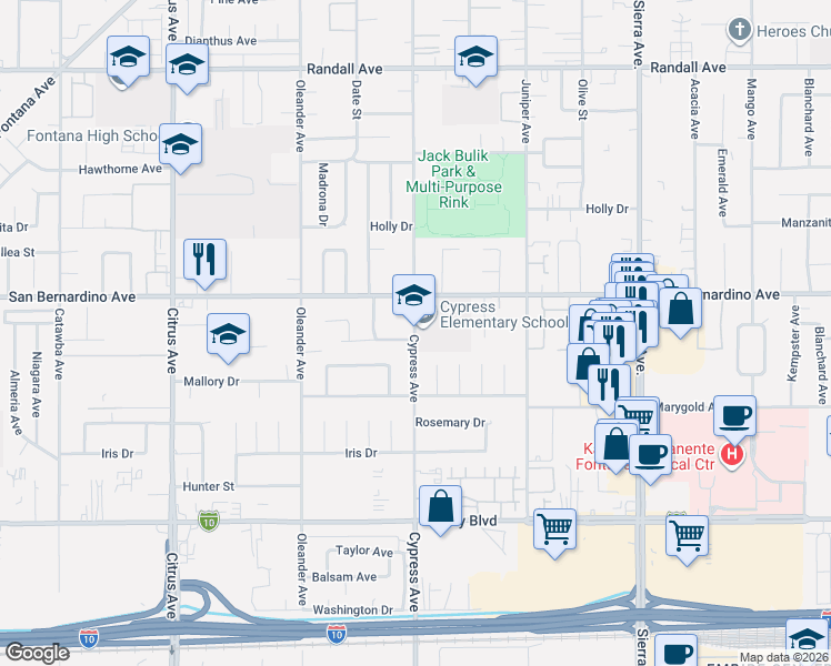 map of restaurants, bars, coffee shops, grocery stores, and more near 9750 Cypress Avenue in Fontana