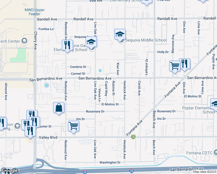 map of restaurants, bars, coffee shops, grocery stores, and more near 9765 Cupid Way in Fontana