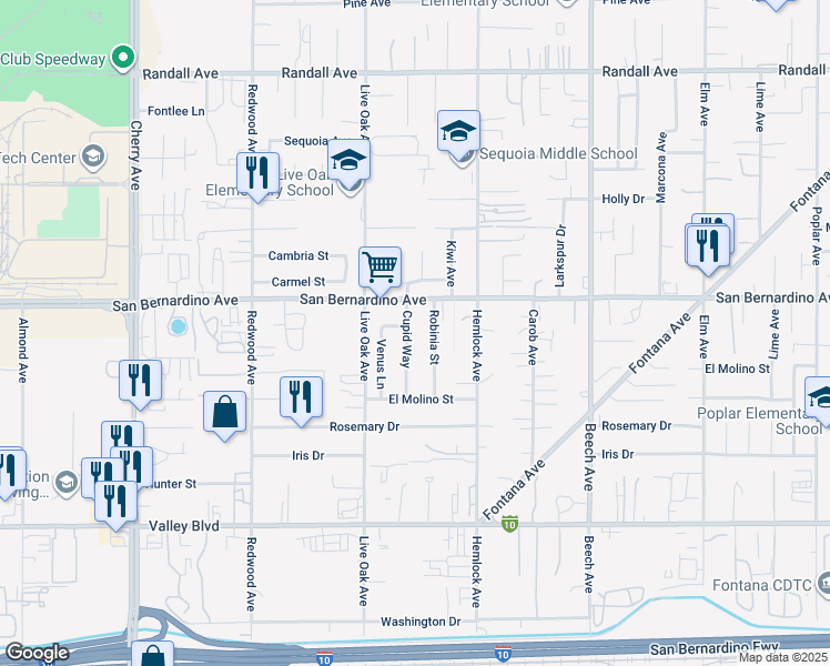 map of restaurants, bars, coffee shops, grocery stores, and more near 9765 Cupid Way in Fontana