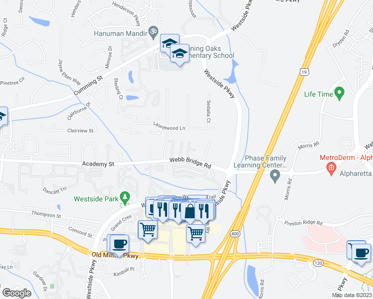map of restaurants, bars, coffee shops, grocery stores, and more near 2902 Webb Bridge Road in Alpharetta