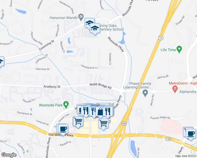 map of restaurants, bars, coffee shops, grocery stores, and more near 2846 Webb Bridge Road in Alpharetta